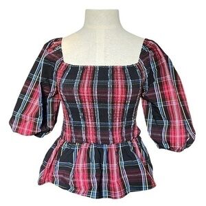 Draper James RSVP Plaid Smocked Top size xsmall.